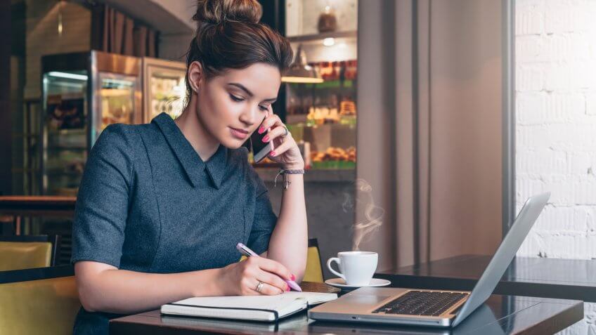 cafe, laptop, researching, woman