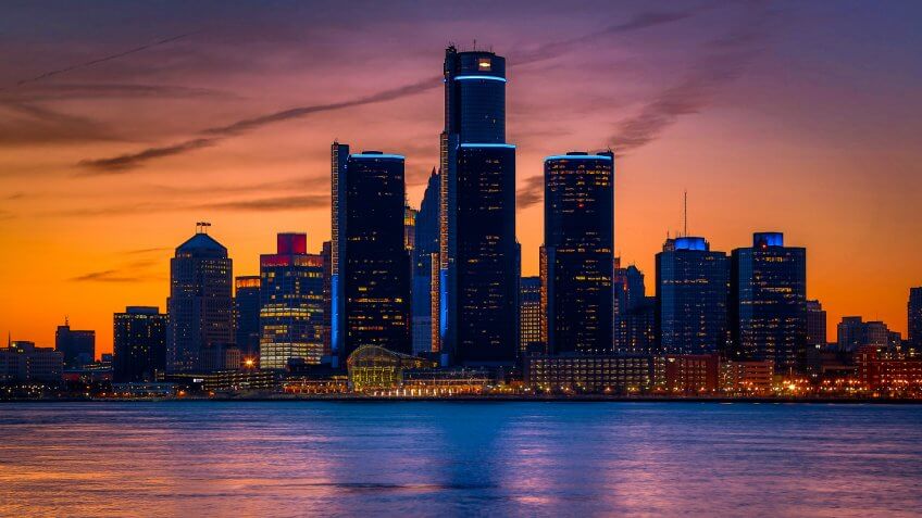 View of Detroit from Windsor, Ontario during a golden sunset.