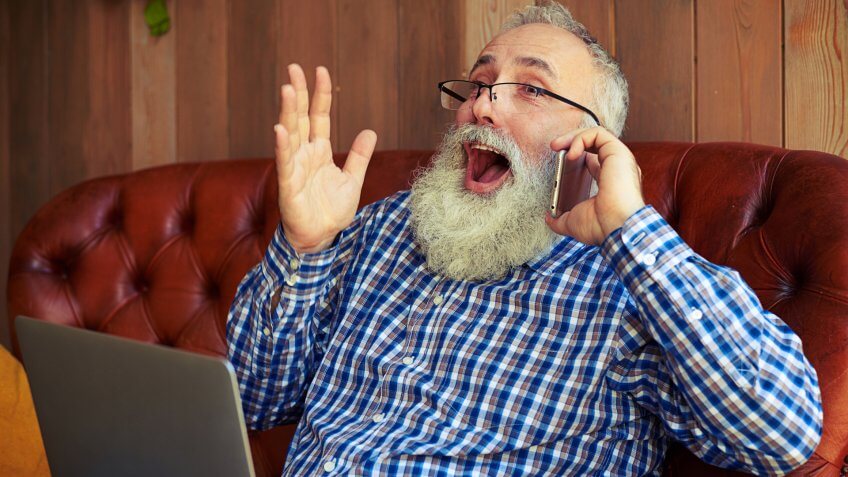 MAN, elderly, laptop, phone, senior, surprised