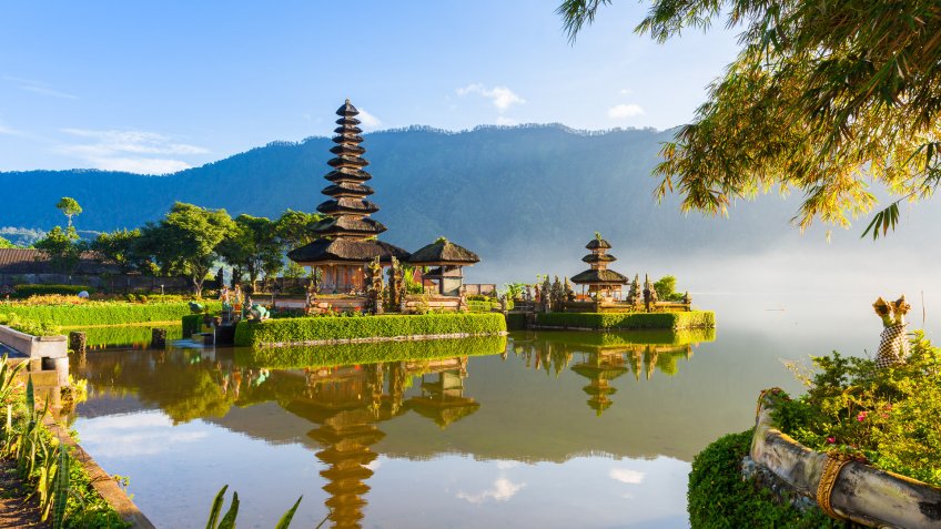 Pura Ulun Danu Bratan at sunrise, famous temple on the lake, Bedugul, Bali, Indonesia.