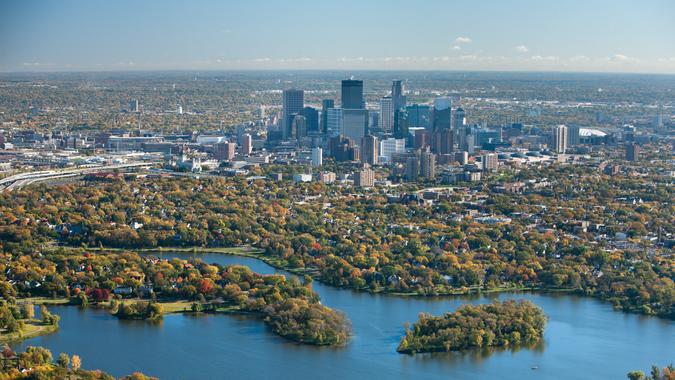 Autumn aerial view of Minneapolis, Minnesota, taken from the south looking north of Lake of the Isles.