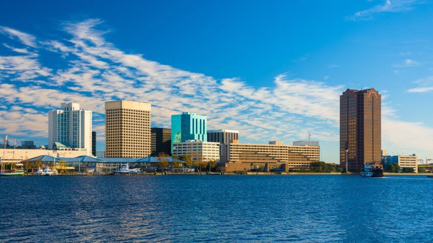 Downtown Norfolk skyline with the Elizabeth River in the foreground.