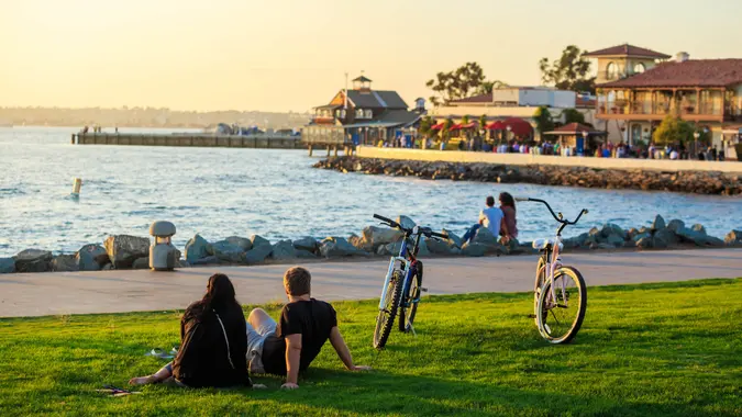 Marina and the San Diego Skyline. California, Sunset at San Diego Waterfront Public Park, United States.