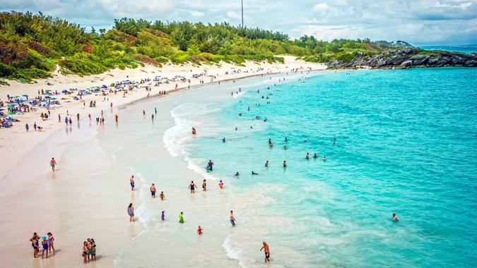 HORSESHOE BAY, BERMUDA - MAY 26 - A panoramic view of Horseshoe Bay Beach on May 26 2016 in Southampton Parish Bermuda.