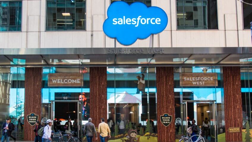 San Francisco, California - November 6th, 2017; logo at the entrance of Salesforce West, located in the Fremont Center on the corner of Mission and Fremont Streets.