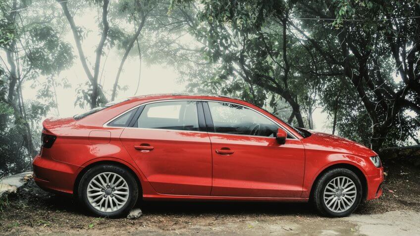 automobile, car, red car, sedan, vehicle