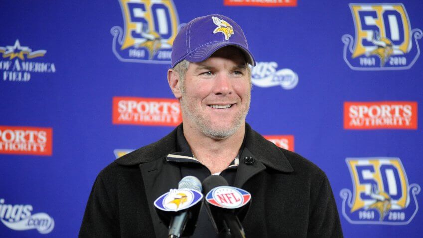 Minnesota Vikings quarterback Brett Favre speaks at a news conference after an NFL football game against the Chicago Bears, in Minneapolis.