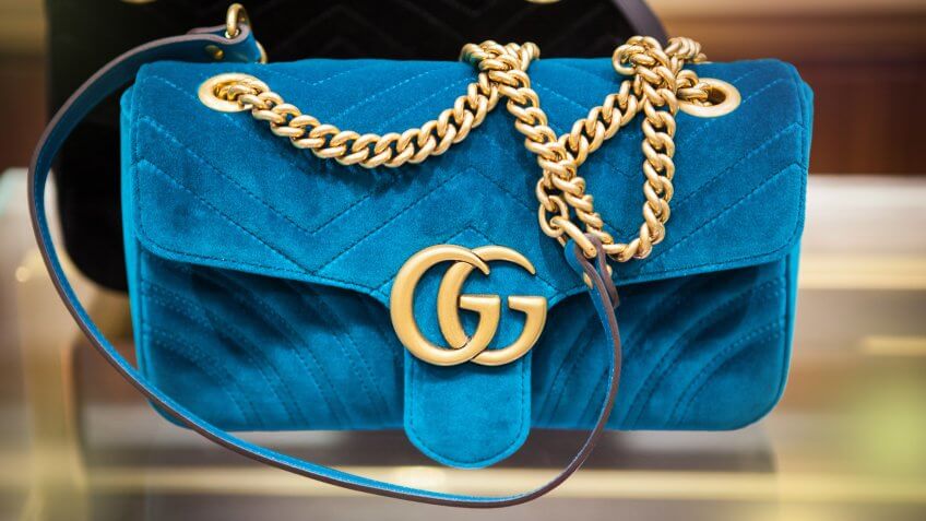 seoul, south republic korea, july 9, 2017, blue velvet Gucci bag in gucci store.
