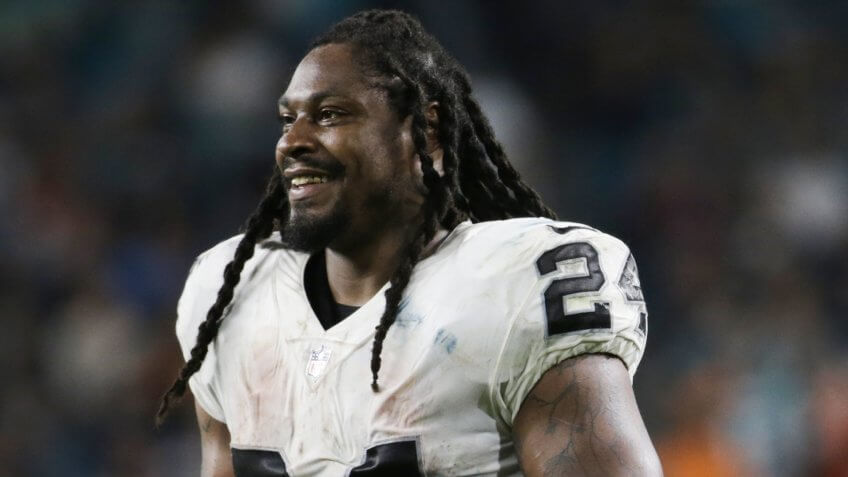 Oakland Raiders running back Marshawn Lynch (24) on the field, during the second half of an NFL football game against the Miami Dolphins, in Miami Gardens, FlaRaiders Dolphins Football, Miami Gardens, USA - 05 Nov 2017.