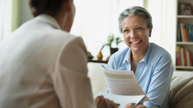 saleswoman talking to client