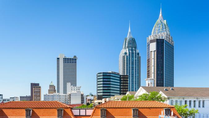 Mobile, Alabama, USA skyline with historic Fort Conde.