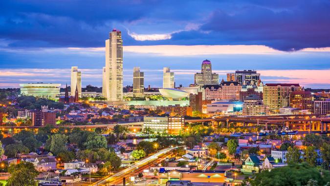 Albany New York skyline at dusk