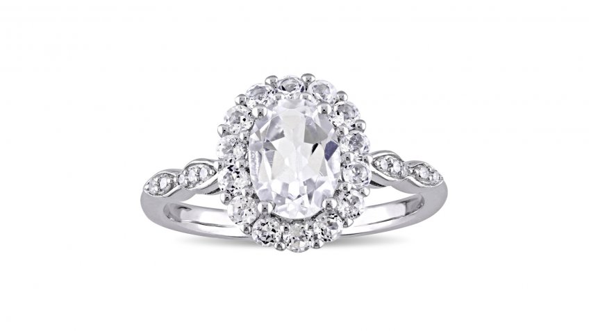Miadora 14-Karat White Gold Oval-Cut White Topaz and Diamond Accent Halo Engagement Ring