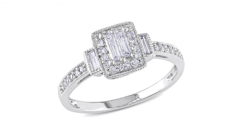 Miadora 10-Karat White Gold 1/3-Carat Baguette Diamond Halo Engagement Ring