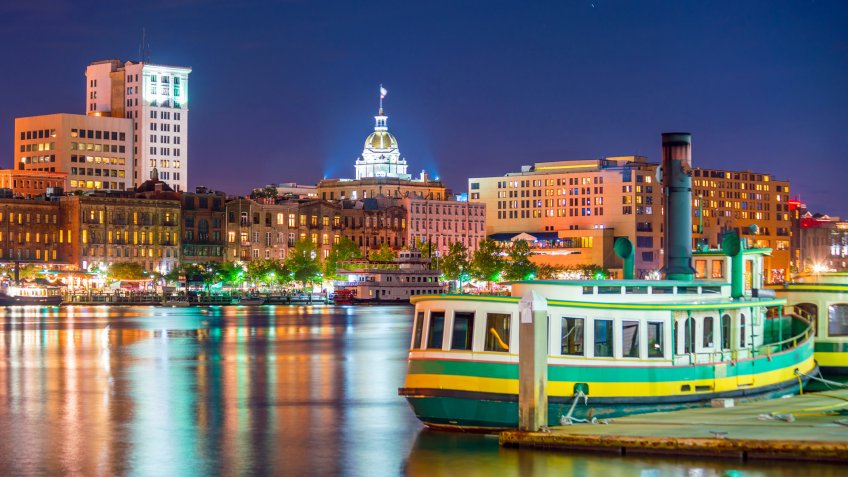 Historic District waterfront of Savannah, Georgia USA at twilight.