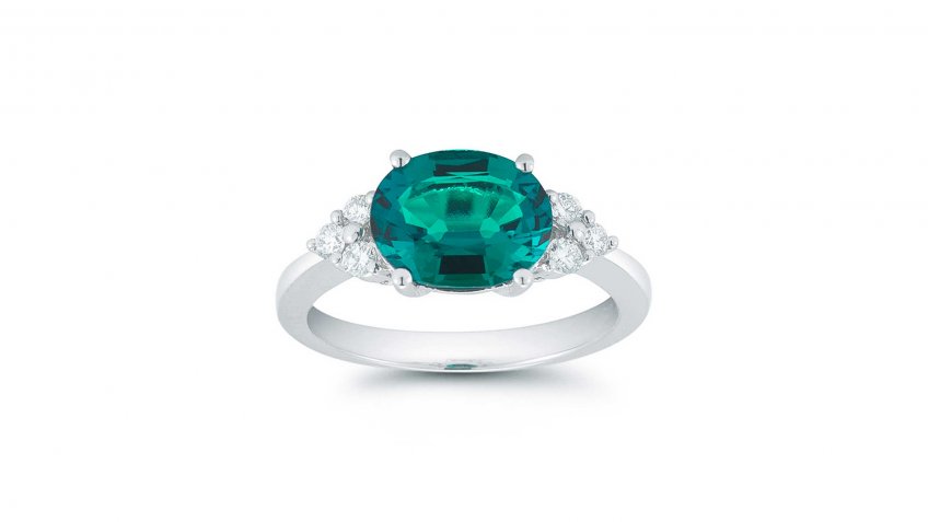 Oval Lab Created Emerald and Diamond 14-Karat White Gold Ring