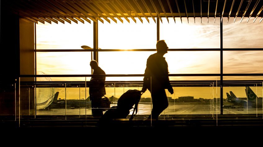 Travel, airport, silhouettes, sunset, traveler