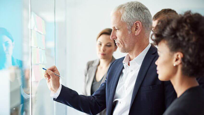 group of colleagues having a brainstorming session at work