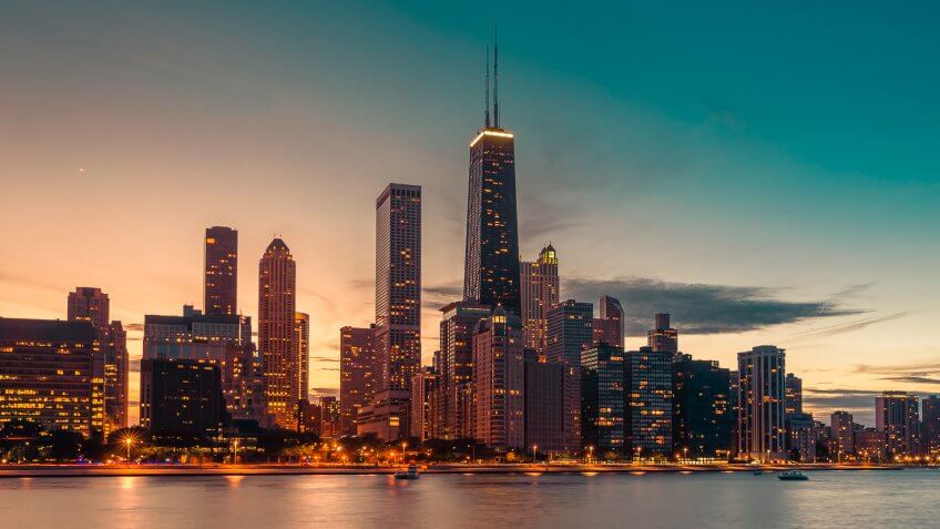 Chicago Downtown against at dusk with light leaks.