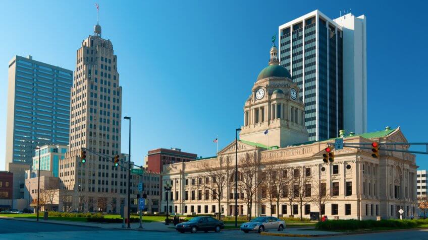Downtown Fort Wayne, Indiana Skyline, including Allen County Courthouse.