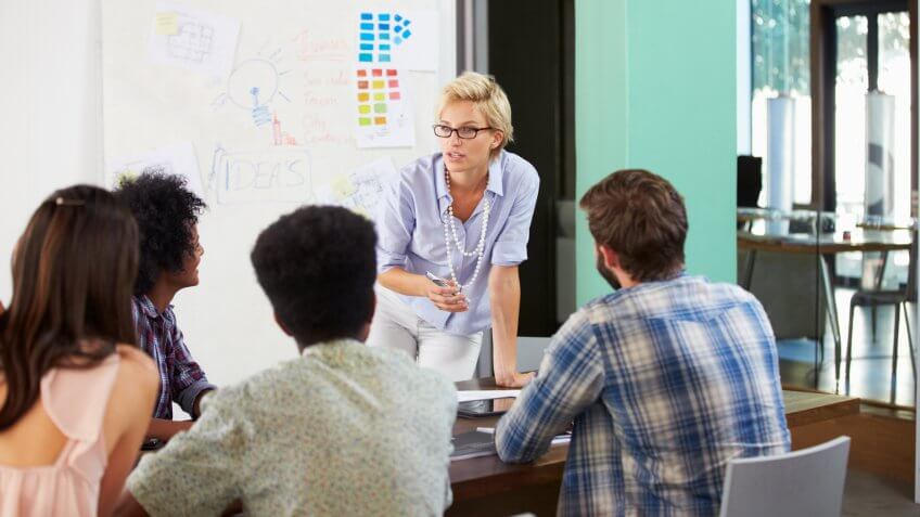 Female Manager Leading Brainstorming Meeting In Office.