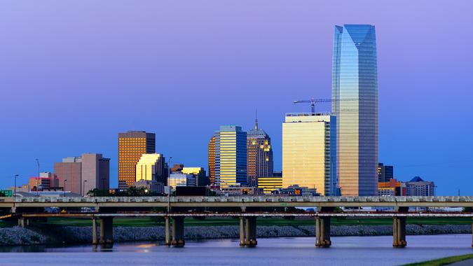 Downtown OKC at sunset.