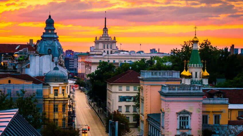 Sofia, capital of Bulgaria on a sunset, magnificent view from above over the historical buildings.