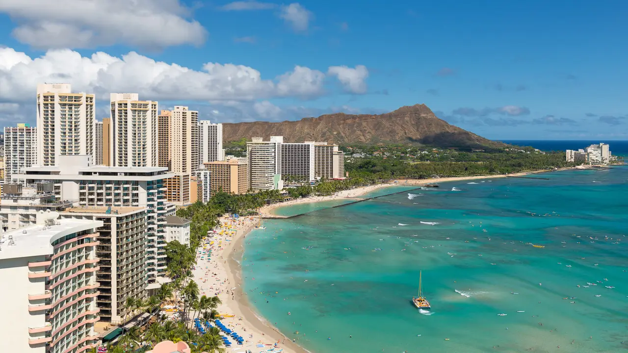 Scenic view of Honolulu city and Waikiki Beach; Hawaii, USA.