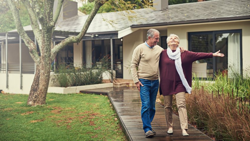 senior couple taking a walk outside