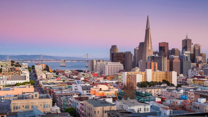 Panoramic image of San Francisco skyline at sunset.