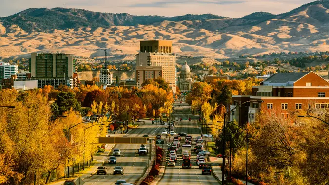 View of Boise downtown and Idaho Capitol on a fine autumn morning as seen from Capitol Blvd, Boise, Idaho, USA.