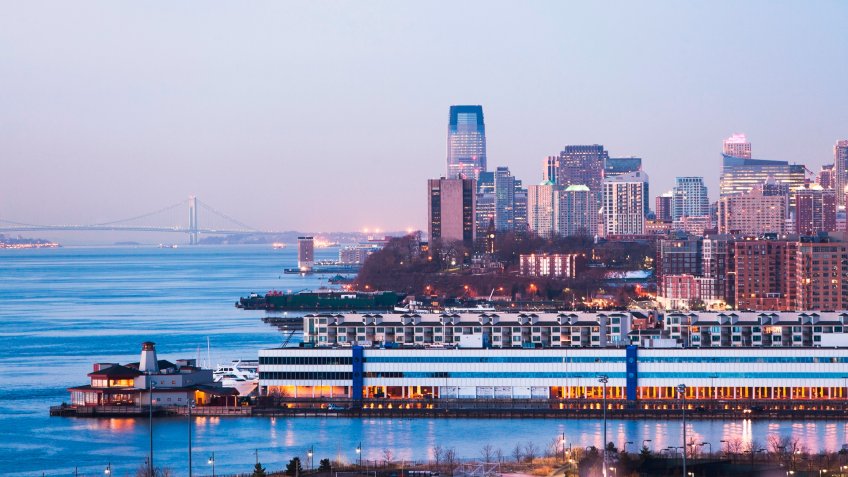 10599 horizontal, Accessibility, American Culture, Architecture, Blue, City, Cityscape, Clear Sky, Copy Space, Modern, New Jersey, Nobody, Outdoors, River, Scenics, Senior Care, Skyline, Skyscraper, States, Tourism, Travel, USA, United States, Waterfront, absence, abundance, america, blue sky, built structures, city living, jersey, jersey city, landmark, lights, soccer pitch, sunset and sunrise, tourist destination, urban, verrazano-narrows bridge, view