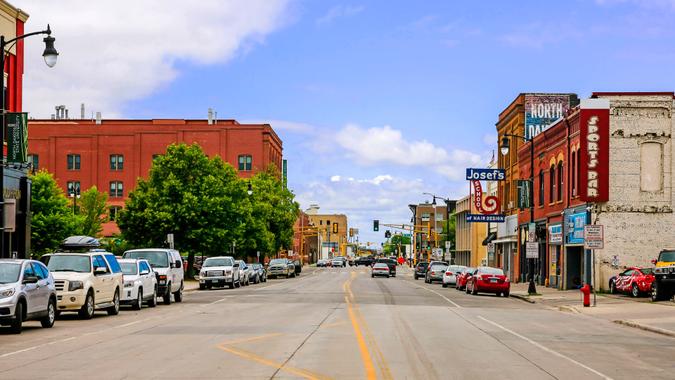 North Dakota Fargo, ND, USA - July 24, 2015: View of the Northen Pacific Ave in downtown Fargo N.