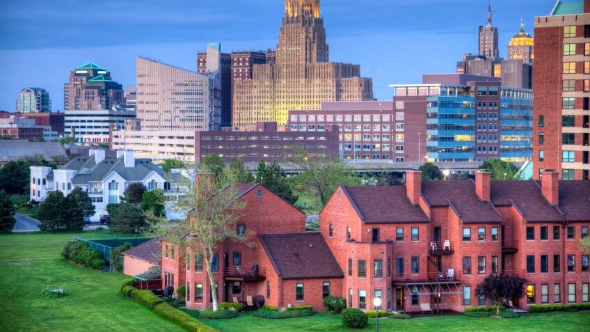 Downtown Buffalo skyline along the historic waterfront district.