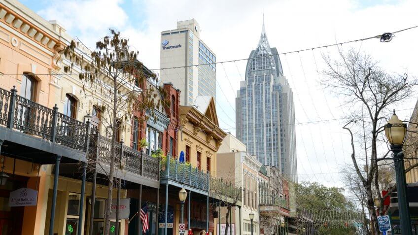 Mobile, Alabama Dauphin street in historical downtown.