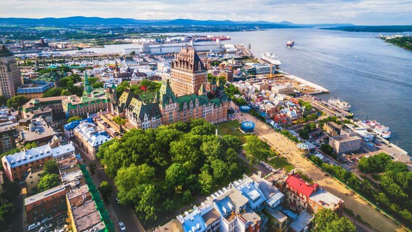 Aerial view of Chateau Frontenac hotel and Old Port in Quebec City, Canada.