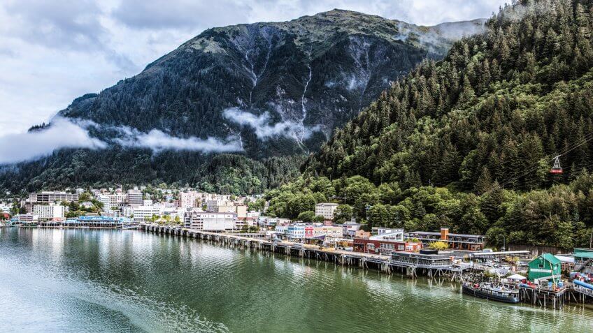 Expansive view of downtown Juneau and waterfront, Alaska.