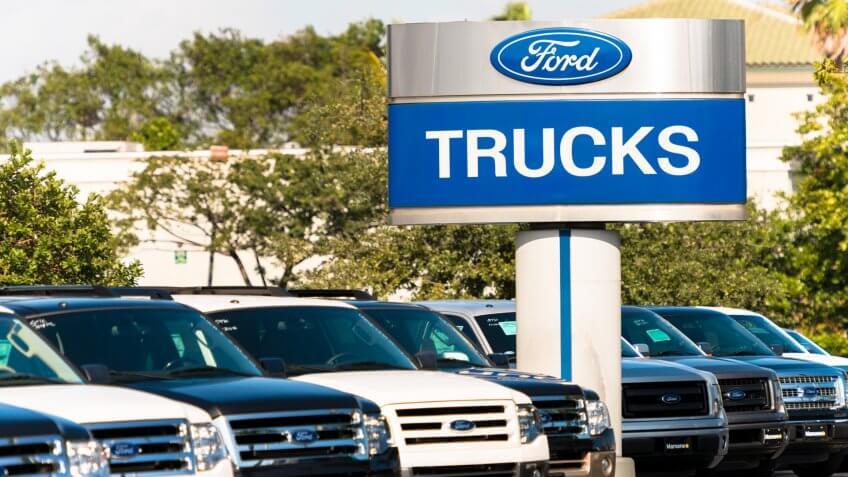 Fort Lauderdale, USA - January 8, 2013: Ford trucks at a car dealership.