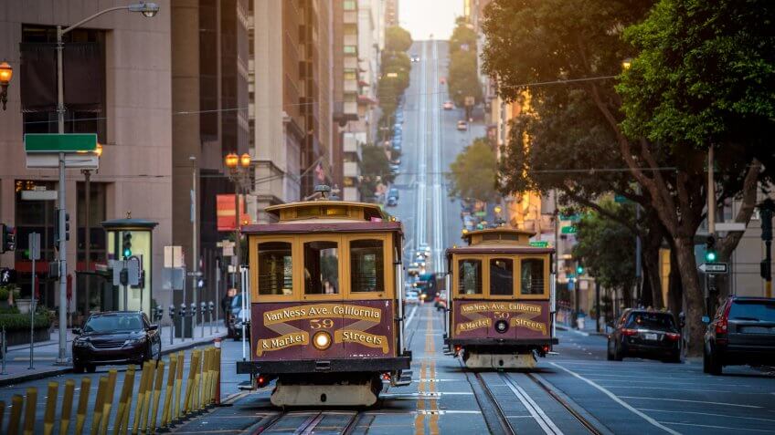 San Francisco Cable Cars on California Street at sunrise, California, USA