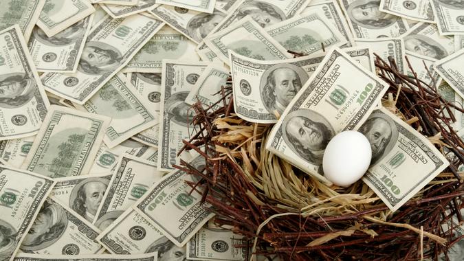 A single egg in a nest with $100 bills.