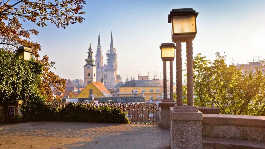 Historic Zagreb towers sunrise view, capital of Croatia.