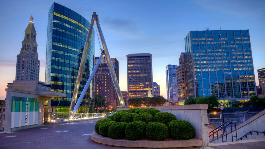 Downtown Hartford Connecticut skyline at dusk.