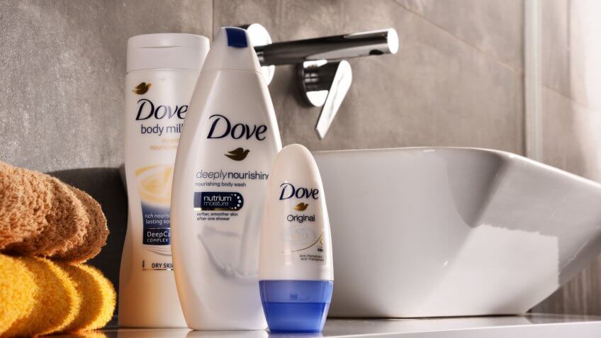 POZNAN, POLAND - NOV 10, 2017: Dove products, a personal care brand, owned by Unilever and sold in more than 80 countries.
