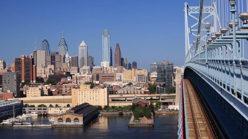 Philadelphia skyline, view from Benjamin Franklin Bridge, USA.