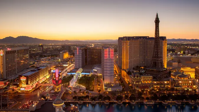 Aerial view over Las Vegas close to sunset at twilight.