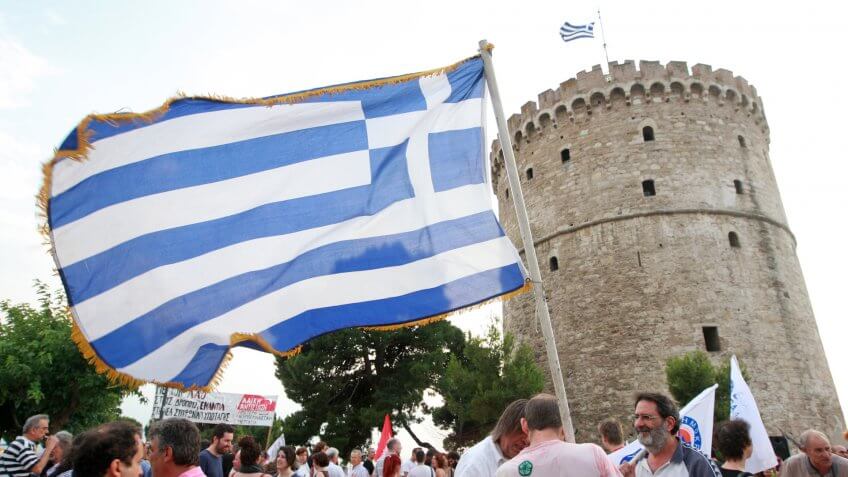 GREECE, Thessaloniki JULY 10, 2015: Anti-austerity demonstrators, members of various left wing parties, protest against new austerity measures while demanding Greece to get out of the European Union.