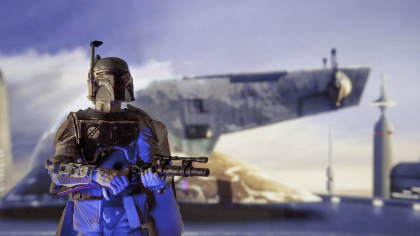 Scene from Star Wars The Empire Strikes Back where bounty hunter Boba Fett arrives on Bespin - Hasbro Black Series 6 inch action figure.