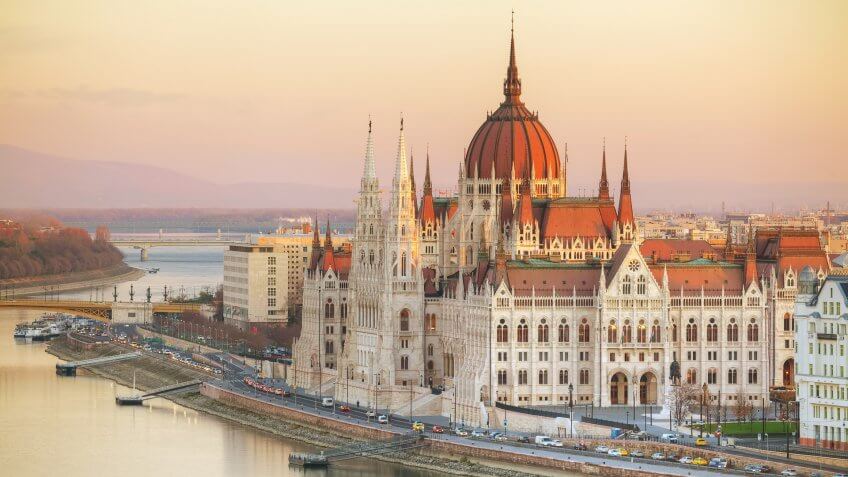 Parliament building in Budapest, Hungary at sunrise.
