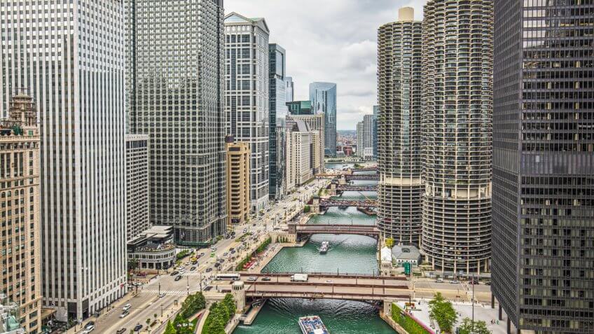 Aerial view of Downtown Chicago River.