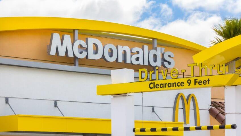 SALINAS,CA/USA - APRIL 27, 2014: McDonald's fast food restaurant exterior and drive-thru entrance.